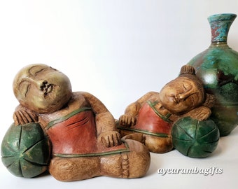 Vintage Hand Carved, Hand Painted Wood Asian Sleeping Boy and Girl Good Luck, Good Fortune Art Sculpture Figurines Bookends Folkart