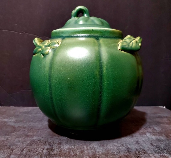 Vintage Green Gourd Squash Pottery Double Handle Covered Jar