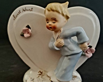 Vintage White Ceramic Heart with Baby Boy Blue Taking a Bow
