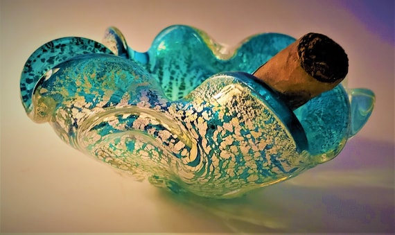 Vintage Scalloped Murano Art Glass Cigar Ashtray Turquoise/ Aqua
