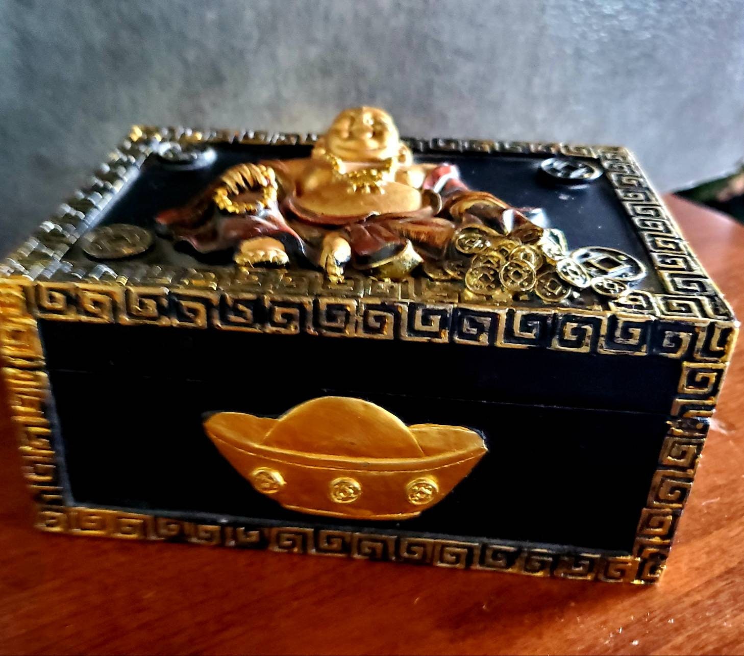 Vintage Buddha Wood Trinket Box: Gold Gilted Lucky Buddha Keepsake