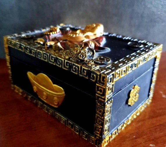 Vintage Buddha Wood Trinket Box: Gold Gilted Lucky Buddha Keepsake