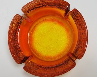 Mid Century Mod Heavy Amberina Tangerine Blenko Glass Ashtray
