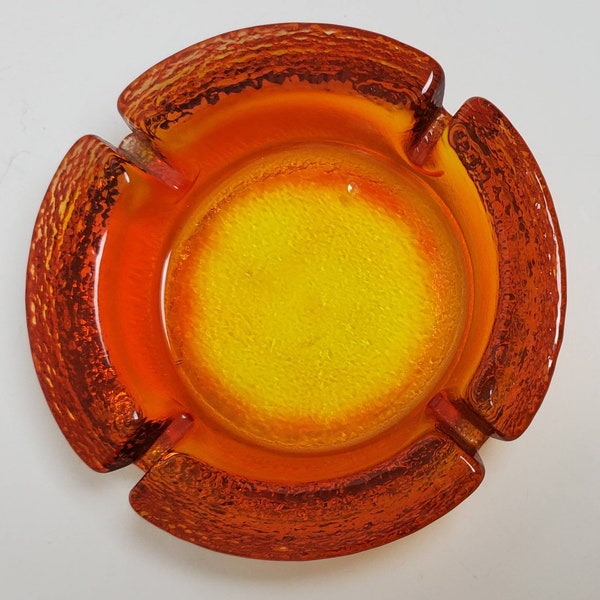 Mid Century Mod Heavy Amberina Tangerine Blenko Glass Ashtray