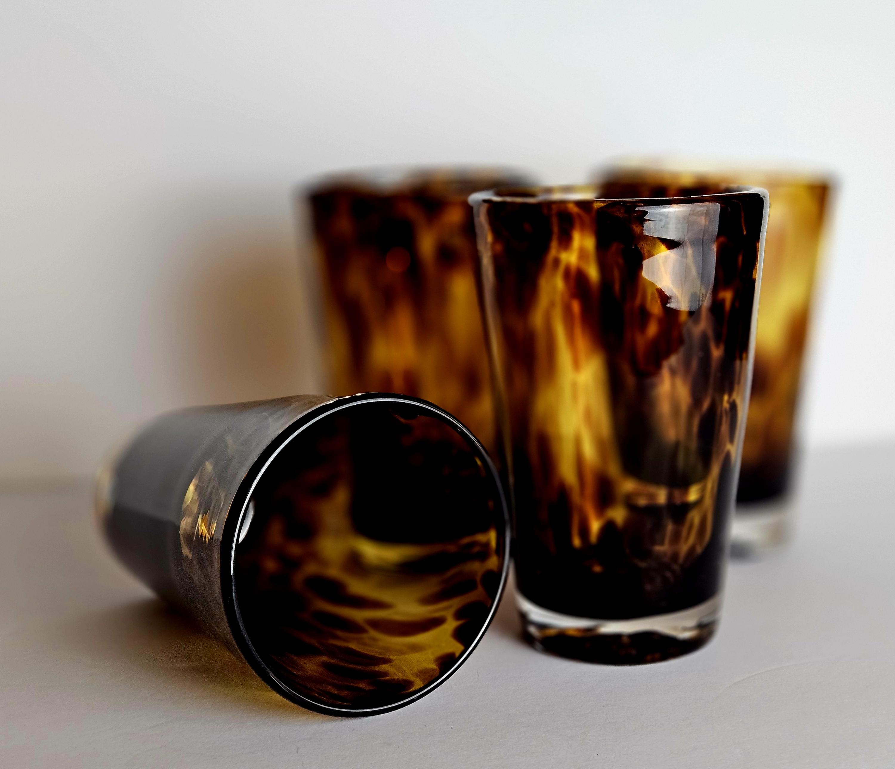Vintage Handblown Tortoiseshell Highball Cocktail Glass Set of 4