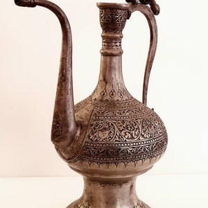 Handcrafted Antique Large Middle Eastern Islamic Turkish Ottoman Tinned Copper Ewer Etched Metalware Ceremonial Water Pitcher Vessel