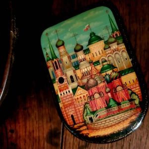 Mid Century Handpainted Black Lacquered Russian Trinket Box Feat: St. Basil Cathedral Red Square Moscow