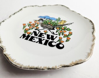 Vintage New Mexico Souvenir Plate Gold Trimmed Roadrunner Desert Cactus Ceramic 5" Retro Mid Century Collector Travel Display Dish