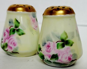 O&EG Royal Austria Seafoam Pink Roses Hand Painted Salt and Pepper Shaker Set