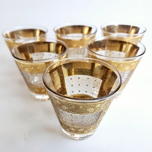 Vintage Mid Century Modern 22KT Gold Irene Pasinski &quot;Kashmir&quot; Whiskey Glass Set of 6 Gold Liqour Cocktail Glasses Hollywood Regency Cordials