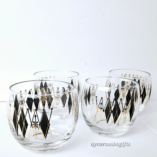 Mid Century Modern Atomic Bar Federal Harlequin Black/Gold Diamond Roly Poly Whiskey Cocktail Glass Set/4