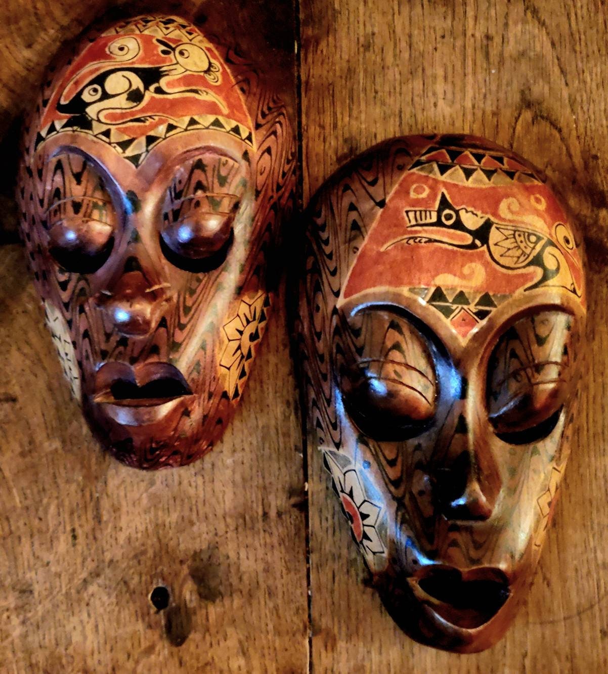 Vintage Indonesian Tribal Art Wooden Masks: Handcarved Wall Decor