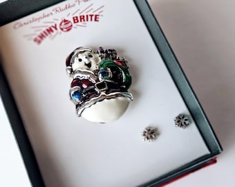 Vintage Christopher Radko Presents Shiny Brite Enamel Christmas Snowman in Santa Claus Suit Pin with Snowflake Earrings w/ Original Gift Box