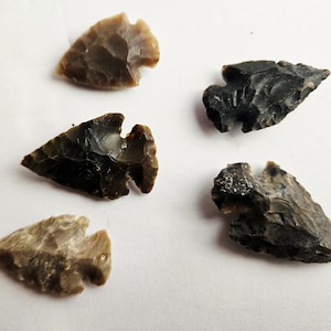 May include: Five hand-knapped arrowheads in shades of gray, brown, and black. Each arrowhead has a triangular shape with a notched base, showcasing the craftsmanship of ancient tools. The arrowheads are displayed on a white surface.