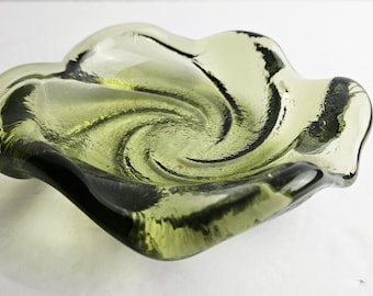Vintage Fenton 5" Colonial Green Swirl Art Glass Ashtray - MCM Textured Glass Trinket Dish -