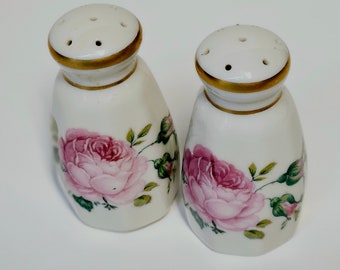 Sierlijke vintage antieke roze roos met gouden trim Pickard Fine China zout en peper shaker set - zoete gastvrouw/housewarming cadeau