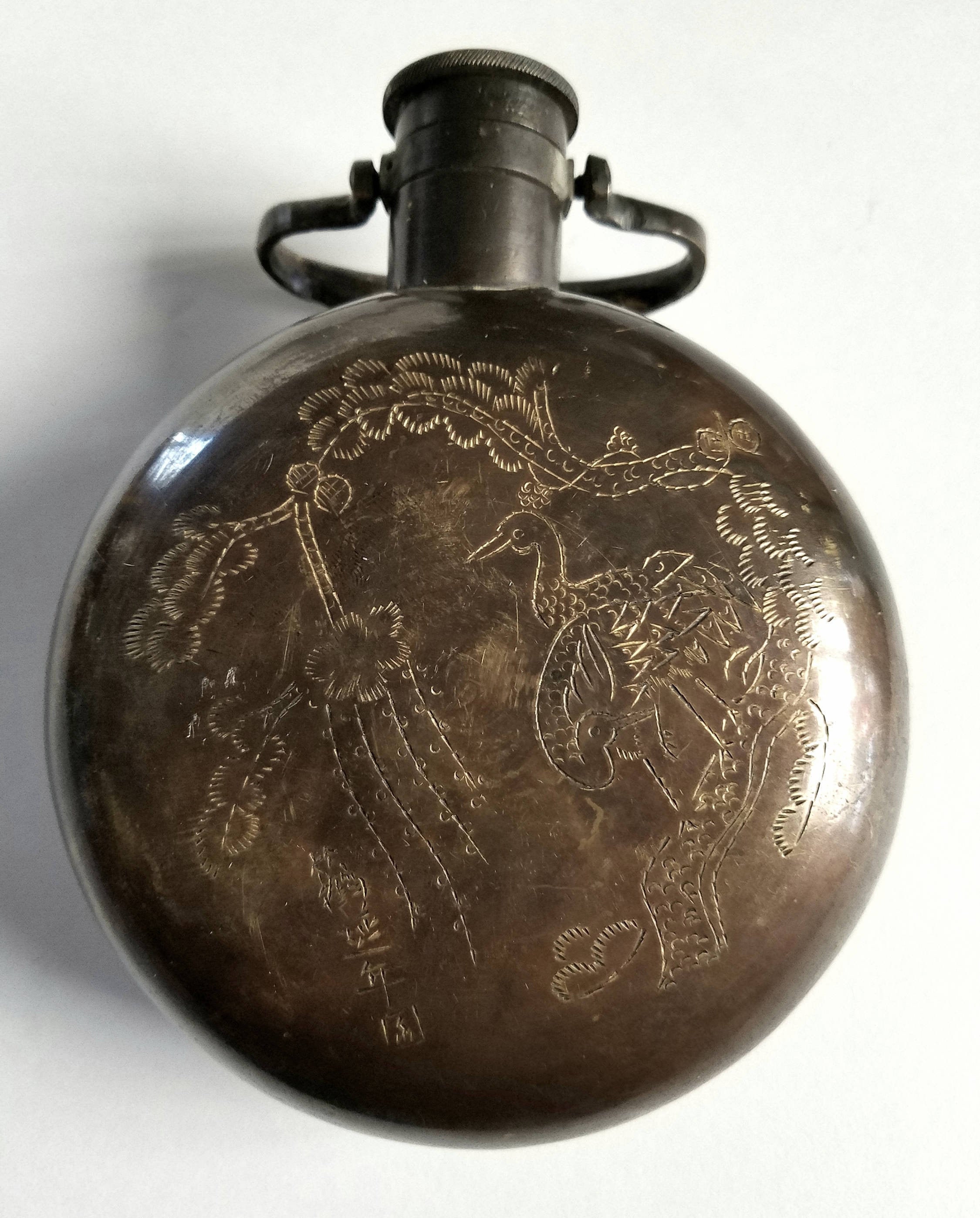 Seltene signierte C1800s geätzte Bronze asiatische Feldflasche