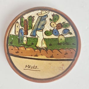 Vintage mexikansk folkkonst keramik tallrik - handmålad Tlaquepaque Redware - liten dekorativ väggbonad - fikonkaktus ökenscen