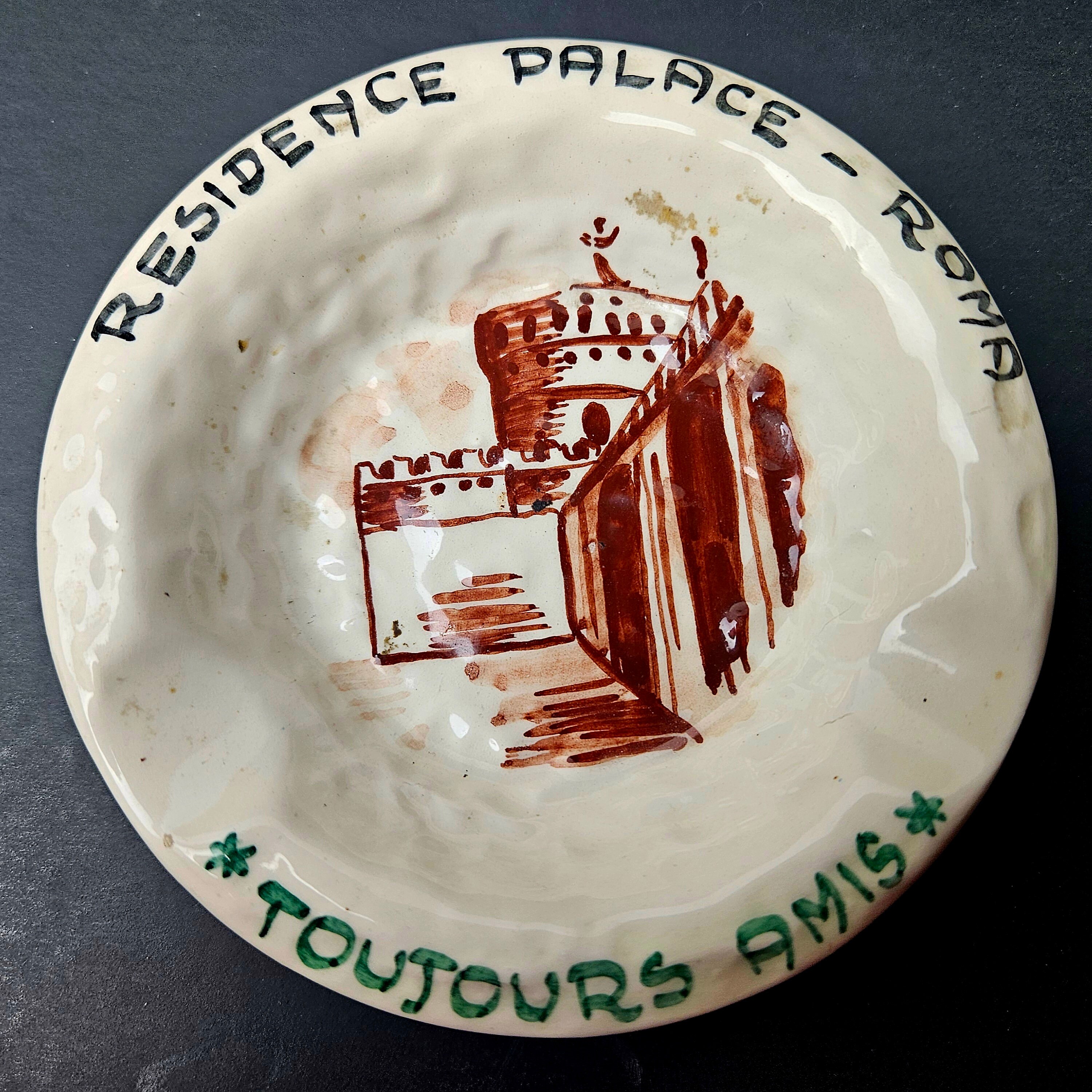 Vintage Hand-painted Pottery Ashtray: Residence Palace Roma