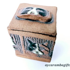 Zeldzame unieke vintage kattensnuisterijdoos met rode kleiaardewerk