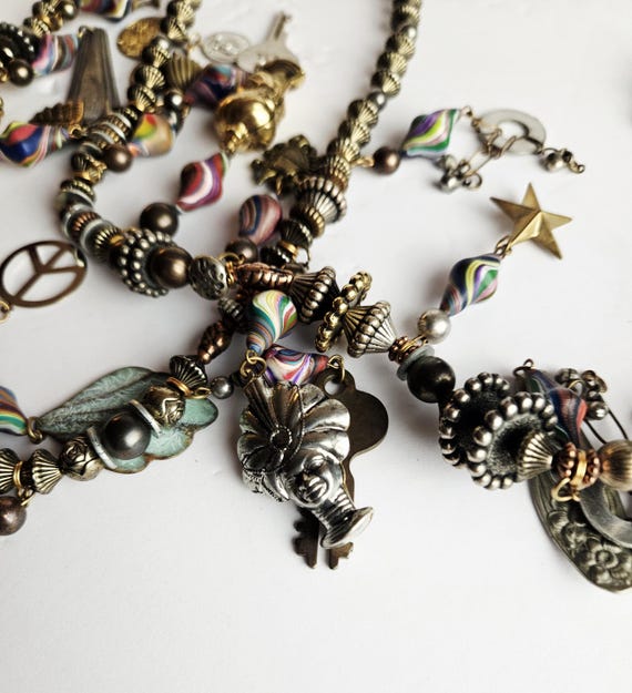 Boho Charm Statement Necklace • Mixed Metal Beads… - image 14