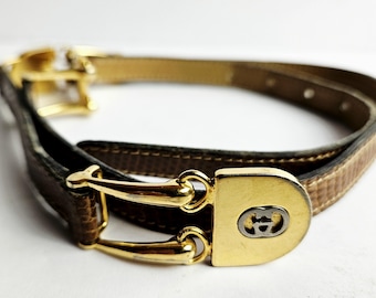 Vintage Gucci Ledergürtel | Goldene Horsebit-Schnalle mit Echsenprägung