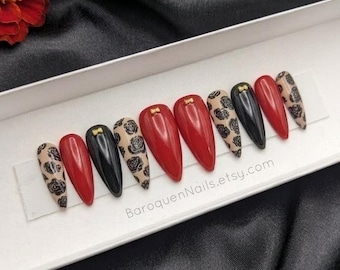 Burgundy Red Black Rose Press On Nails, 3D Gold Bow Dark Romance Gel Set