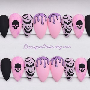 Creepy Cute Pastel Goth Press on Nails, Kawaii Nail Art, Pink Purple ...