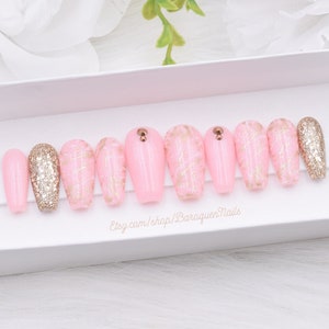 Pink Rose Quartz Nails with Gold Marble Press On Nails Metallic Glitter Crystal Fake Nails Sturdy Reusable Gel Nails