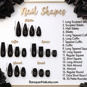 May include: A white chart titled Nail Shapes displaying eighteen black artificial nail samples in various styles including stiletto, coffin, square, almond, and round. Each nail is numbered and labeled with specific metric measurements in millimeters.