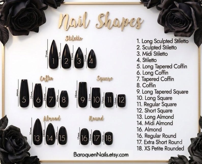 May include: A white chart titled Nail Shapes displaying eighteen black artificial nail samples in various styles including stiletto, coffin, square, almond, and round. Each nail is numbered and labeled with specific metric measurements in millimeters.