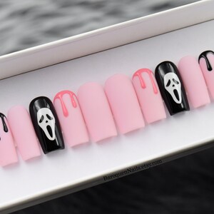 Pink Scream Nails Glam Press on Nails Drip Black Fake False - Etsy