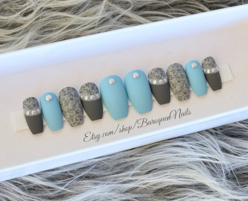 Baby Blue Press On Nails Gray Flower Nails Fake Nails Etsy Baby Blue Press On Nails Gray Flower Nails Fake Nails Etsy
