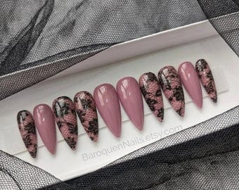 Mauve Pink Press On Nails With Black Lace Design Reusable Gothic Floral Gel Manicure