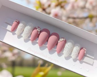 Mauve Pink Press On Nails Milky White Shimmer Gel and 3d Flower Nail Art