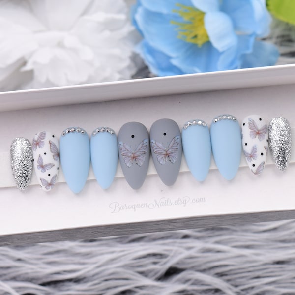 Fairy Butterfly Nails Baby Blue Press On Nails Gray Fake Nails White False Nails Silver Glitter Accent Nails Polka Dots Nail Art Set