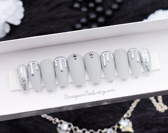 Matte Gel Press-On Nails with Silver Chrome Drip, White or Platinum Gray Fake Nails, Silver Glitter Nail Art - Medium Coffin Nails