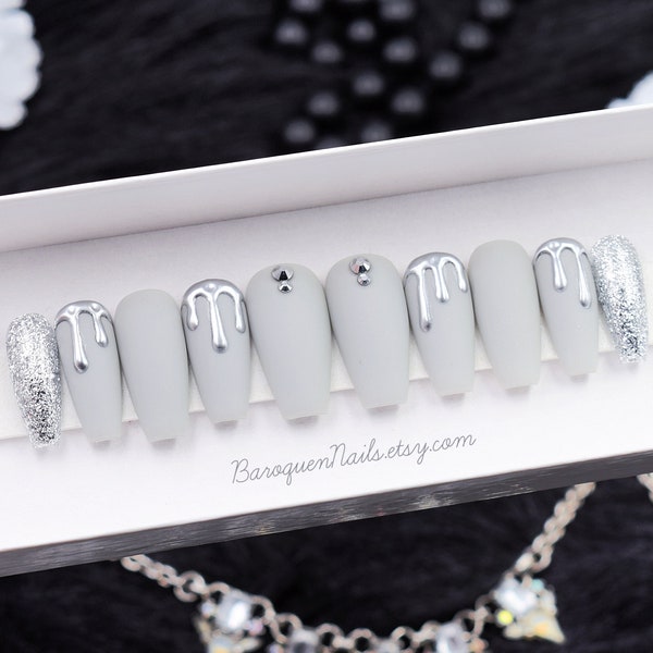 Matte Gel Press-On Nails with Silver Chrome Drip, White or Platinum Gray Fake Nails, Silver Glitter Nail Art - Medium Coffin Nails