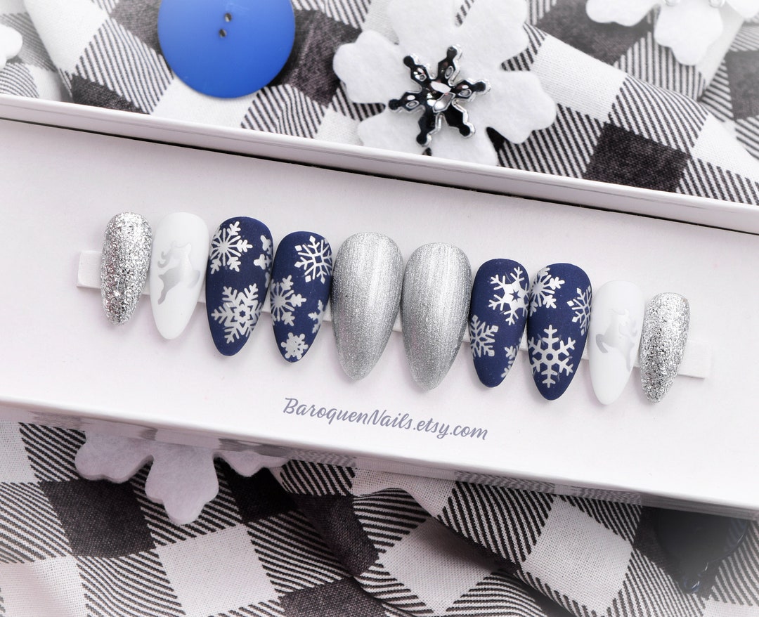 Dark Blue Winter Nails Chrome Christmas Press on Nails Silver - Etsy