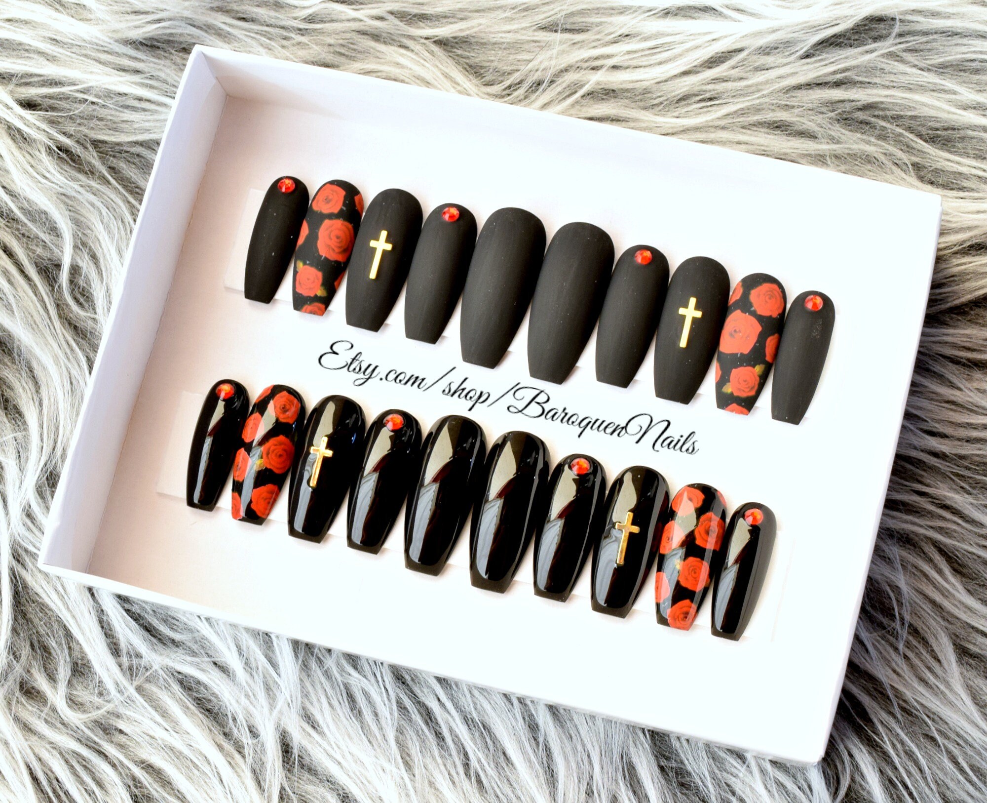 Black Red Nails Matte Press On Nails Rose Tattoo Gold Cross Etsy