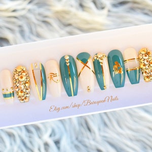 Ivory Egyptian Goddess Nails Empress Press On Nails Hieroglyphics Sphinx Fake Nails Luxury Glue On Nails Teal Gold Accent Nail • EMPRESS