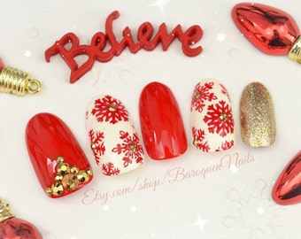 Red & Gold Snowflake Christmas Press On Nails Fake Nails, Gel Nail Polish, Glue On Nails Santa Nails Winter Holiday Nails Xmas  •  Cheery