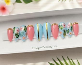 Tropical Hibiscus Press On Nails Pink And Blue Floral Art for Hawaiian Luau Party, Gold Leaf Summer Nails