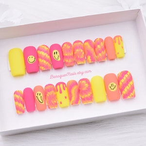 Trippy Tie Dye Press on Nails Neon Lights Pink Yellow Swirl - Etsy