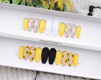 Sunflower Daisy Press On Nails: Matte Black Yellow Summer Flower Art