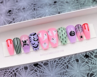 Custom Halloween Press On Nails, Spooky Pastel Pink Mix & Match Gel Nail Set