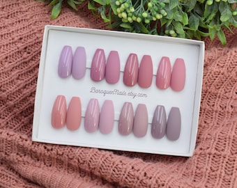 Nude-rosa Press-On-Nägel, Mauve-Töne, individuelles Gel-Handlack-Set, wiederverwendbar