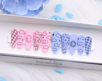 Celestial Star Moon Press On Nails Pink Blue Custom Hand Painted Gel Cloud Manicure