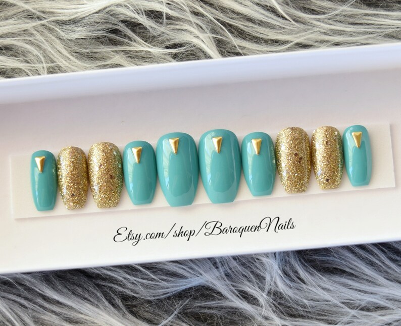 Jasmine Teal Nails Set Gold Glitter Press on Nails Etsy