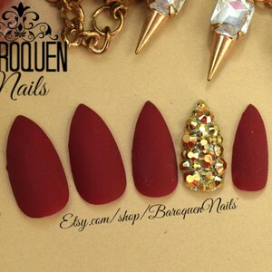 Matte Burgundy Wine Press On Nails Red Maroon Nail Set Gold Diamond Ring Fake Nails Stick On Nails Glue On Nails GEL Nail Tips hot VELVET image 2